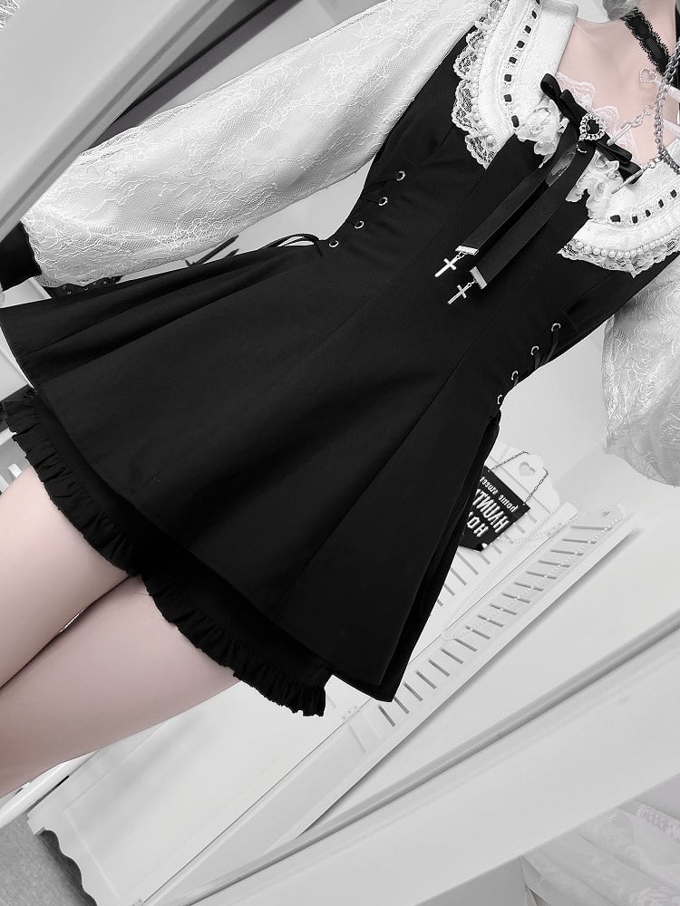 Kei Plaid Set: Matching Black Tie Jirai Shorts with Mini Dress Two-Piece Collar Beaded Waist / Side