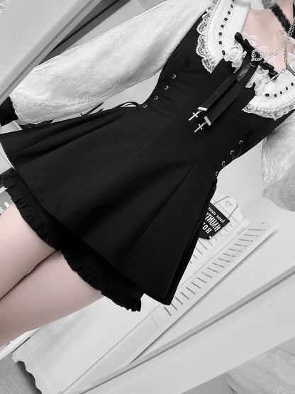 Kei Plaid Set: Matching Black Tie Jirai Shorts with Mini Dress Two-Piece Collar Beaded Waist / Side