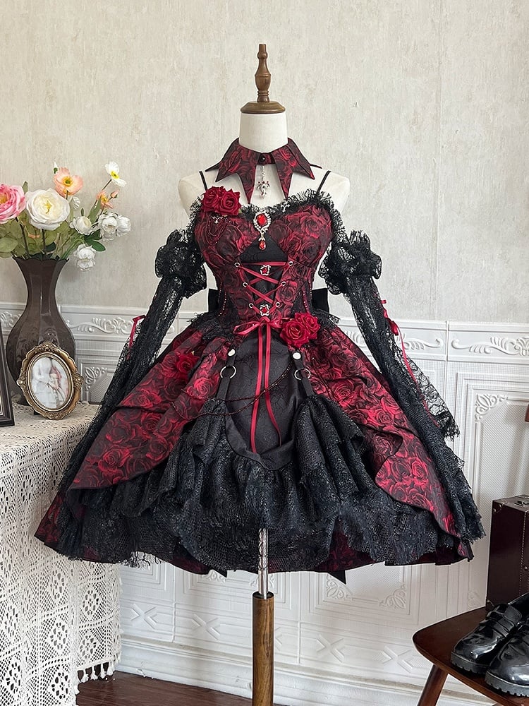 Robe Lolita JSK à jupe haute et basse en tissu gothique noir et rouge avec rosace