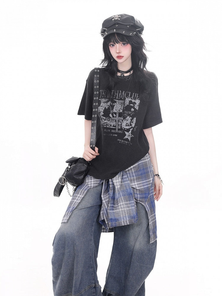 Black Portrait Print Waffle Tee - KNOW8 Online Shop