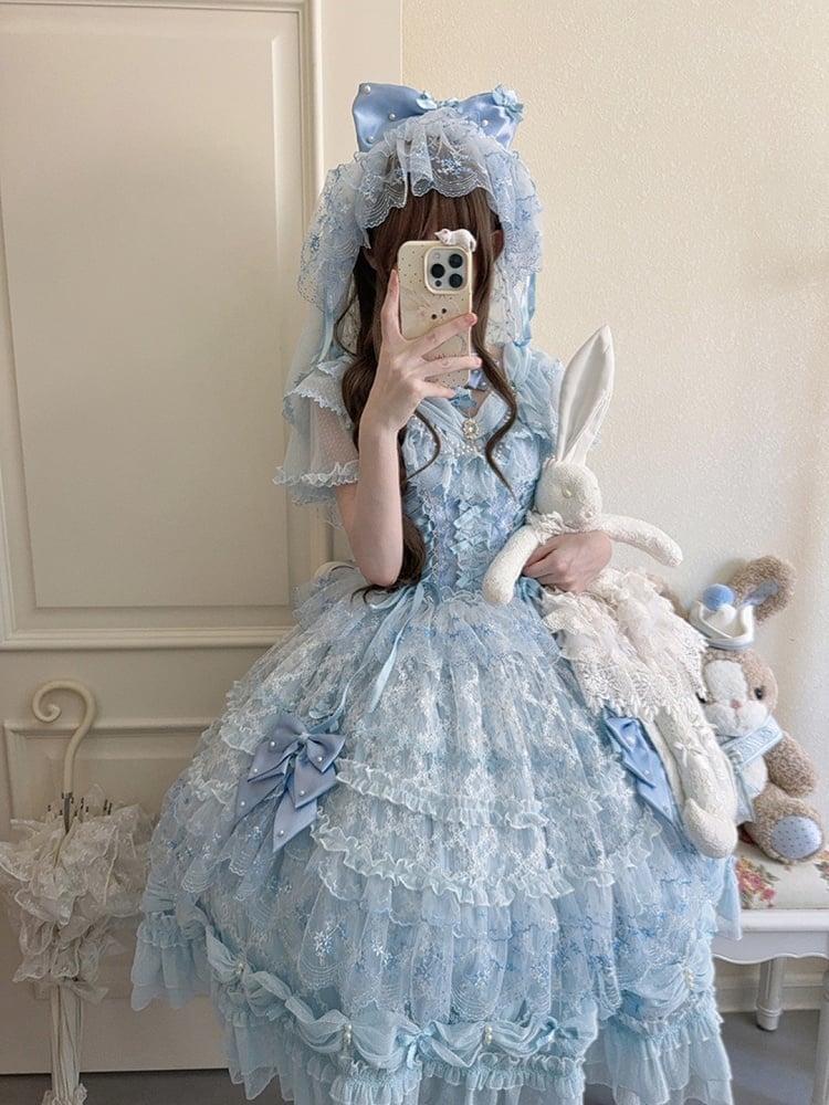 Accents with Lace Hime Blue Bow Dress and Lolita Multi-layer Bead