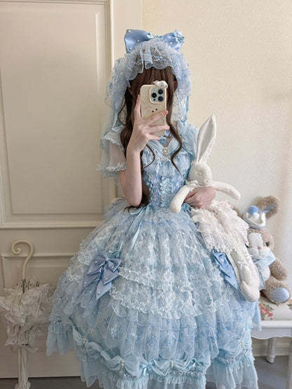 Accents with Lace Hime Blue Bow Dress and Lolita Multi-layer Bead