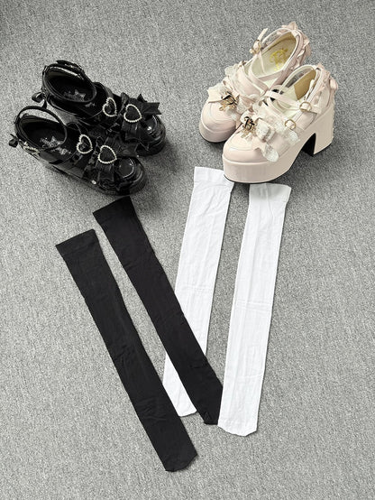 Over-knee Ribbed Kei Black/White Jirai Trim Stockings with