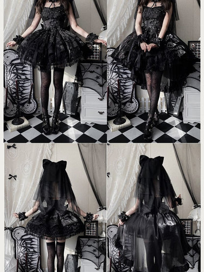 Jacquard Waist Blooming Lolita Basque Flower Accents Lace Hime Black Layered Fluffy Dress with