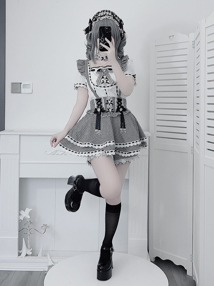 Black White Jirai Kei Square Neck Cotton Blouse with Bow Lace Details - Broken Bear
