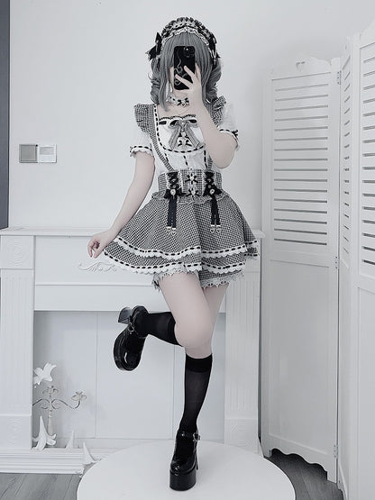 Black White Jirai Kei Square Neck Cotton Blouse with Bow Lace Details - Broken Bear