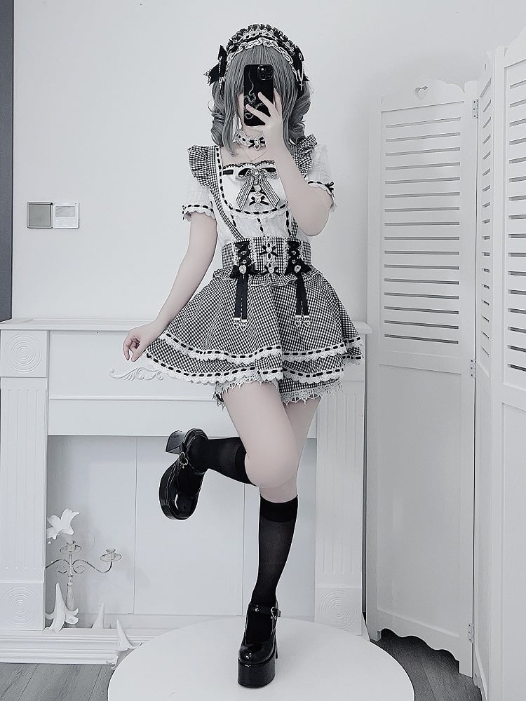 Black White Gingham Jirai Kei Overall Skort with Bow Lace Details - Broken Bear