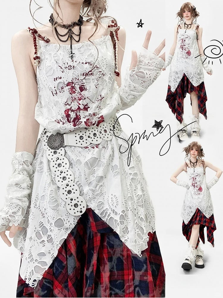袖付きホワイトデザインカットアウトキャミソールプリントドレスの詳細Y2K