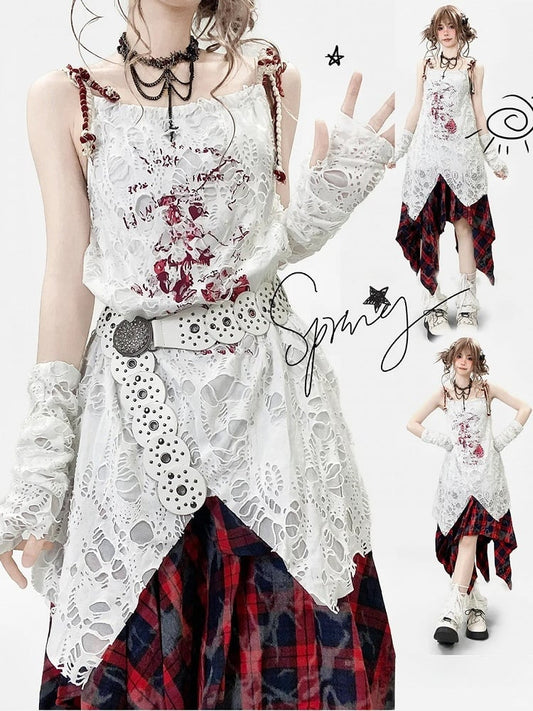 袖付きホワイトデザインカットアウトキャミソールプリントドレスの詳細Y2K