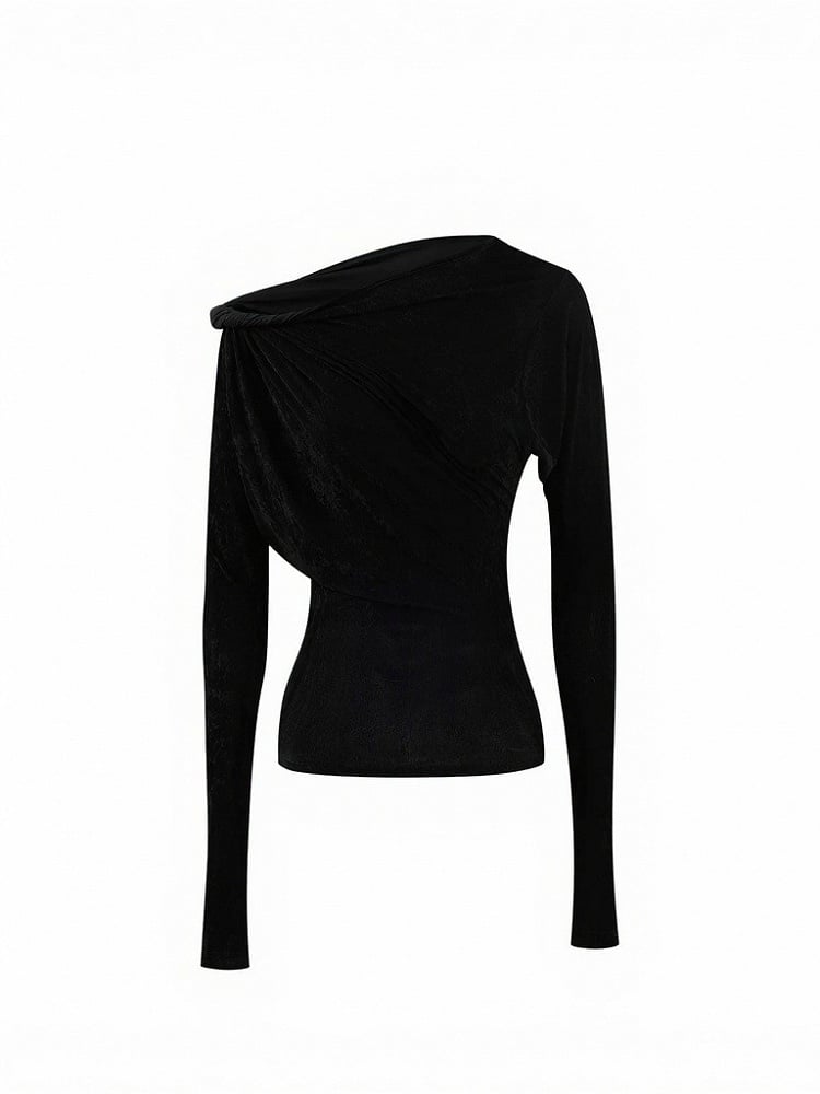 Black Velvet Asymmetrical Cutout Shoulder T-Shirt - Low pixel
