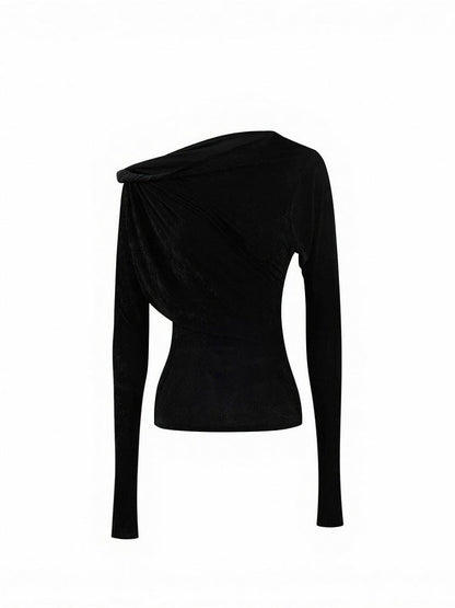 Black Velvet Asymmetrical Cutout Shoulder T-Shirt - Low pixel