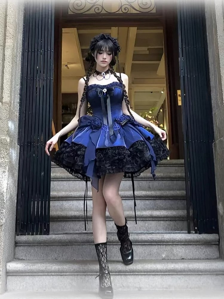 Dress Boned Bouquet Strapless Hem Black Gothic Rose Lolita with Blue