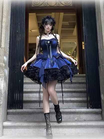 Dress Boned Bouquet Strapless Hem Black Gothic Rose Lolita with Blue