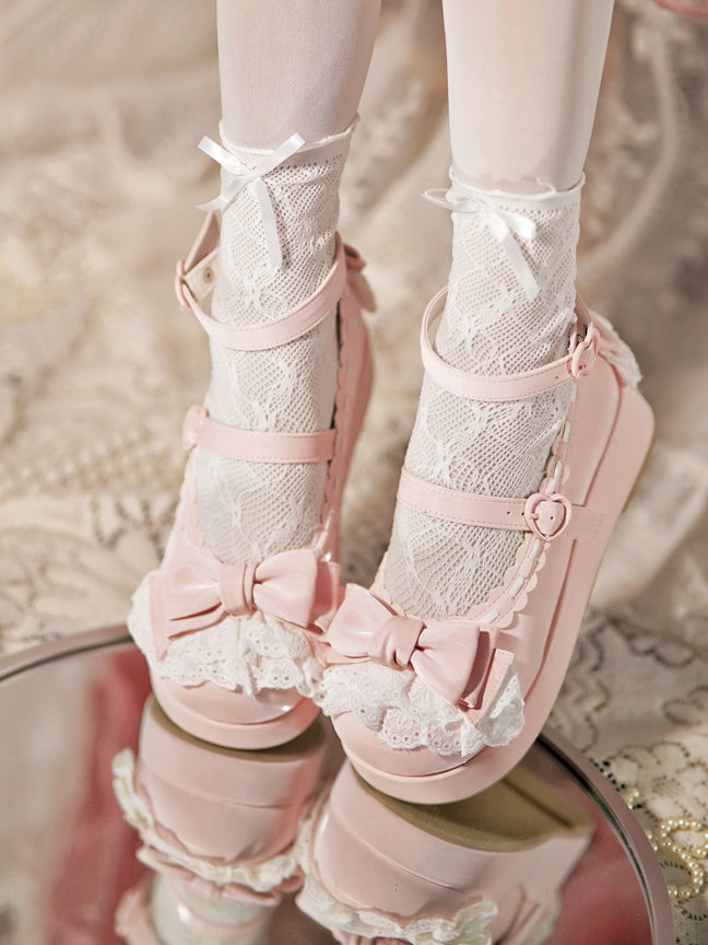 Top Herz Plateaus Schnallen an Schleife Baby Pink Besatz Spitze