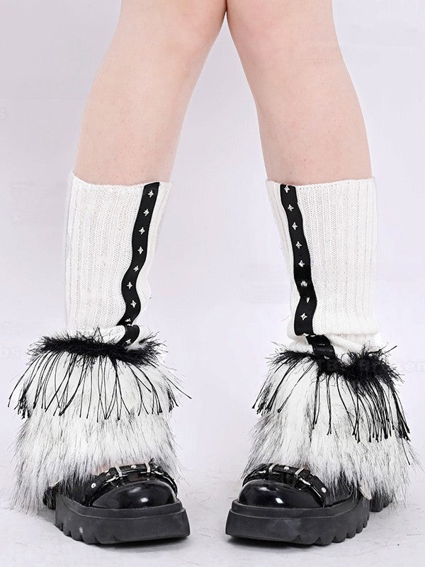Jambières gothiques noires et blanches en tricot avec poignets en peluche