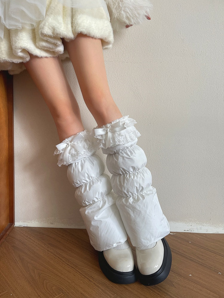Bowknot Leg Puffer with Warmers Trim Lace White/Pink and White