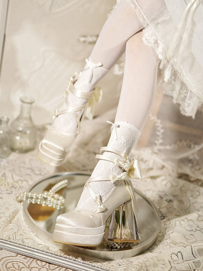 Creamy White Camellia Flower High Block Heel Elegant Platform High Heels
