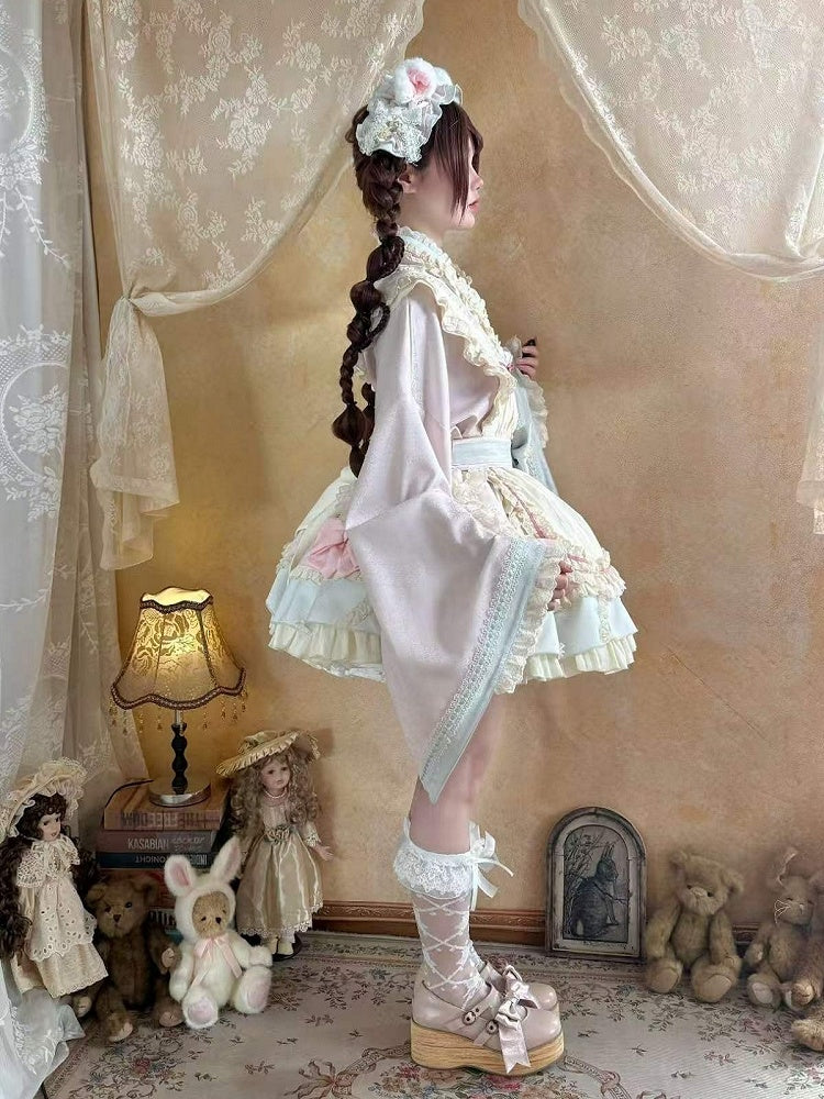 Hanfu-Inspired Lolita Top, Ruffle Mini Skirt & Apron Set in Pink Blue - Berry Story Lolita