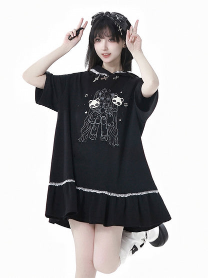 Black Cross Charms Contrast Girl Trim Dress Print Hooded Bittersweet Lace