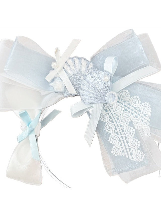 White & Blue Bow Shell Embroidered KC Headpiece - Yimu Walnut