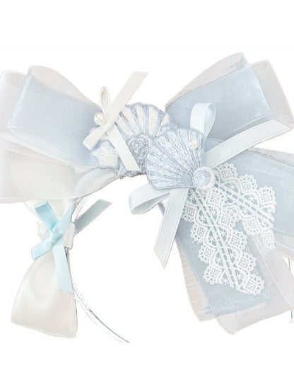 White & Blue Bow Shell Embroidered KC Headpiece - Yimu Walnut