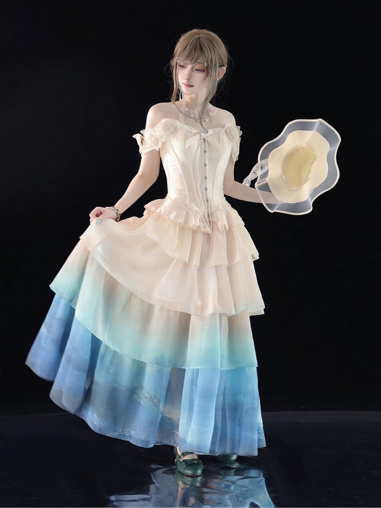 Lolita Wave-Inspired Beige Skirt Blue to Tulle Gradient Multi-Layered