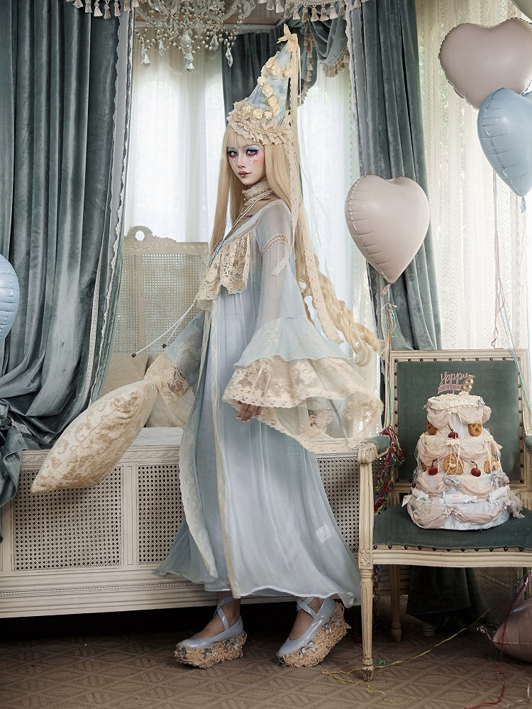 Baby Blue Bell Sleeve Flared Robe with Apricot Lace Details - Blood Supply