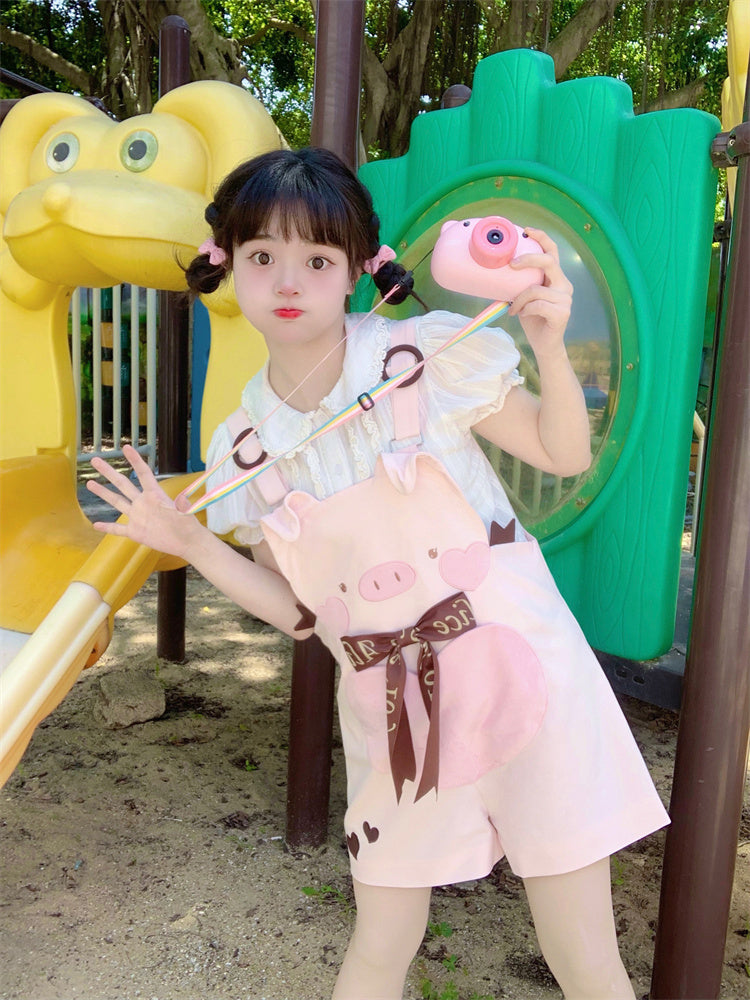 Adorable Piggy Pattern Bubble Shorts Overalls Pink