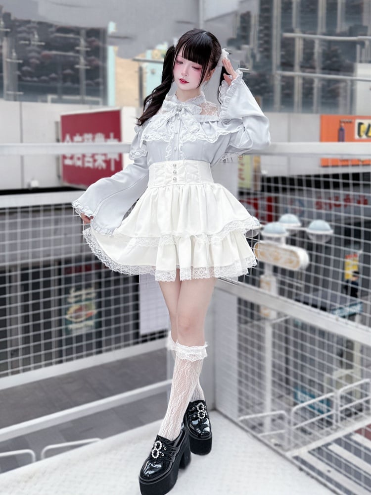 Three-Piece Sleeve Jirai Blouse Flared Blue Kei Set: Cutout Shoulder