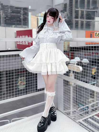 Three-Piece Sleeve Jirai Blouse Flared Blue Kei Set: Cutout Shoulder