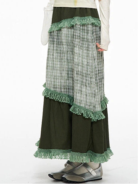 Serenity Patchwork Skirt Trim Lace Green Plaid with Sweety