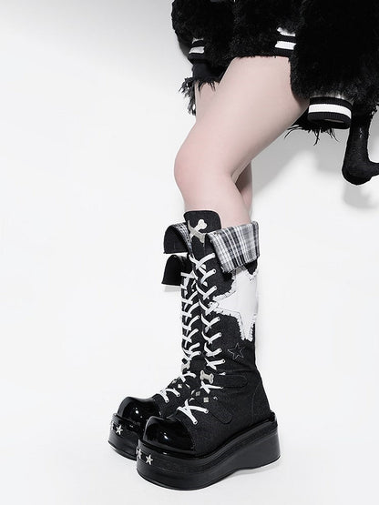 Boots Bone Punk Platform Knee-high with Details Black