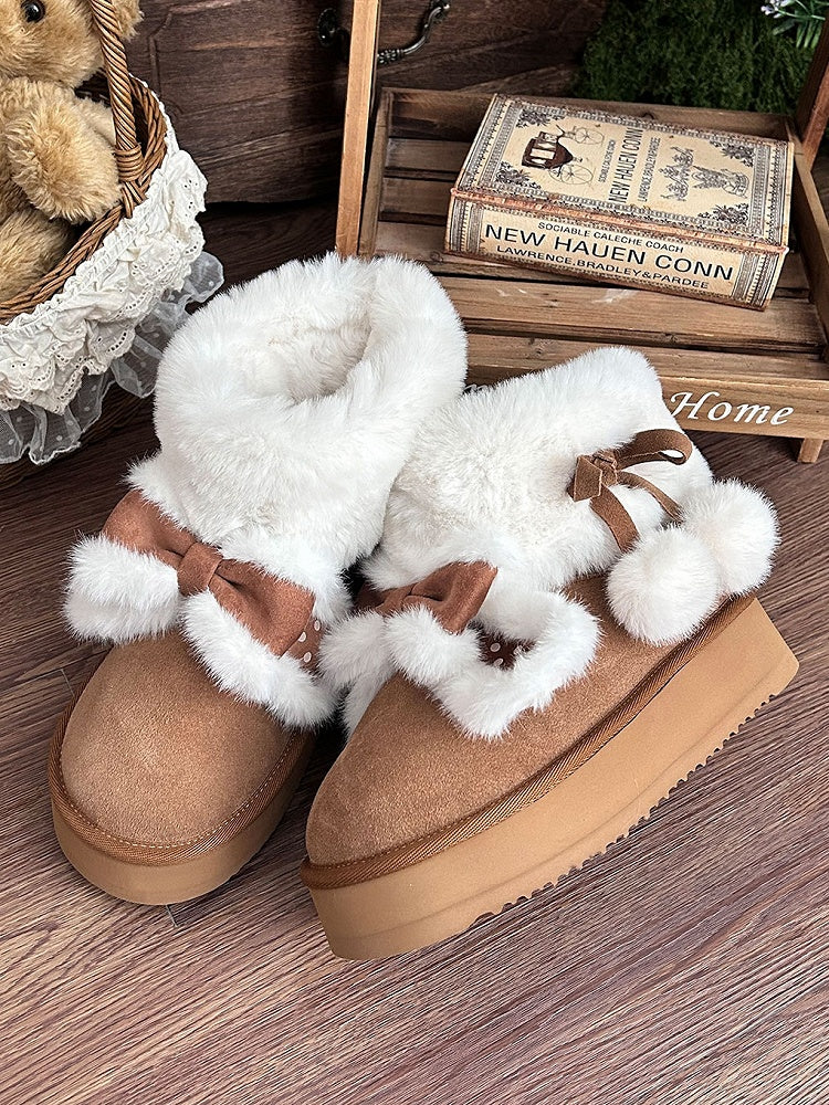 Bunny Pompom Light mit verstellbaren Punktstiefeln, braunen Bändern, Plüsch – Winterakzente, süße Lolita