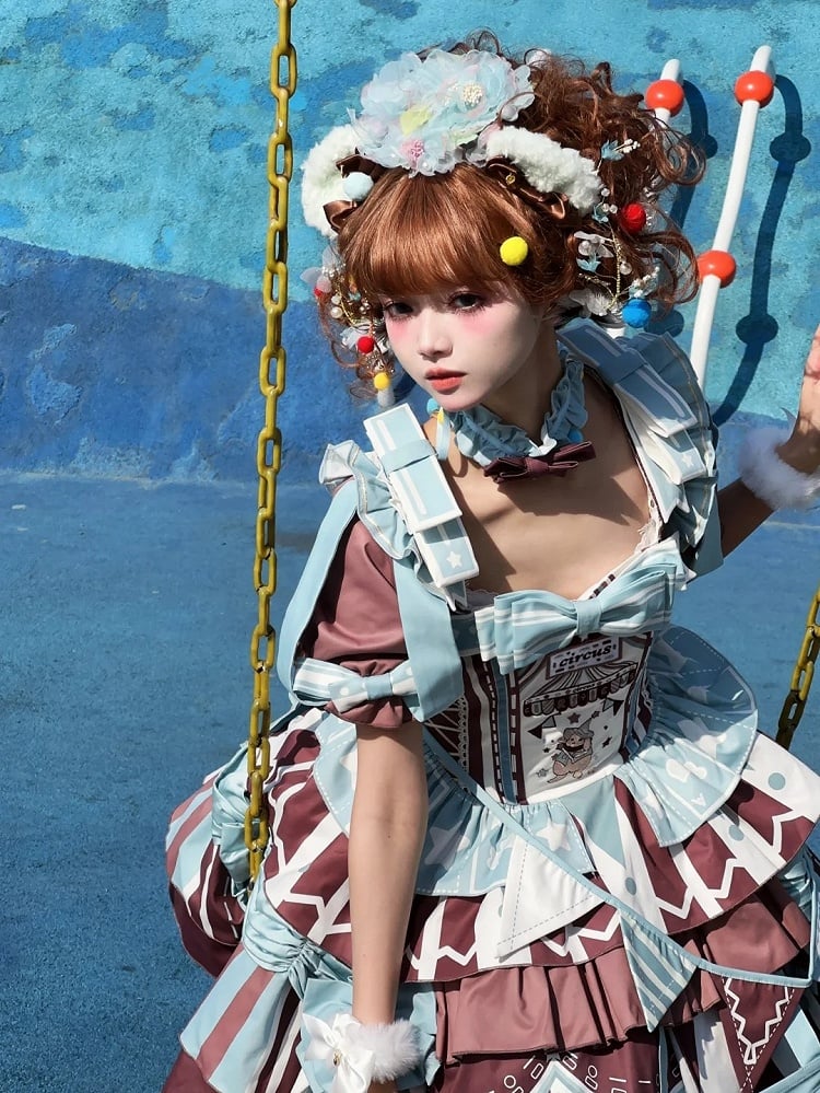 Brown Skirt Sleeves Detachable with Embroidery Dress Circus Lolita Jumper Bunny Blue Sweet Puff and