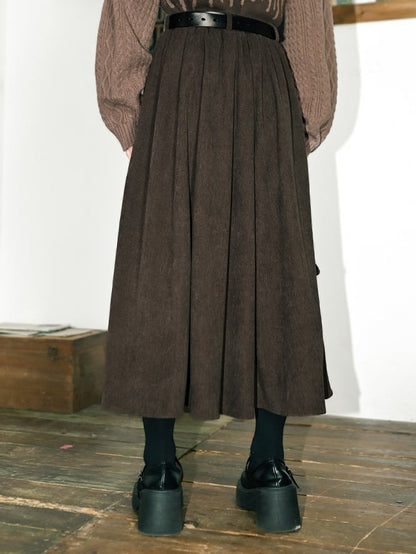 Chinese Pockets Cargo Skirt - Leaf Brown Motif with Embroidery Style