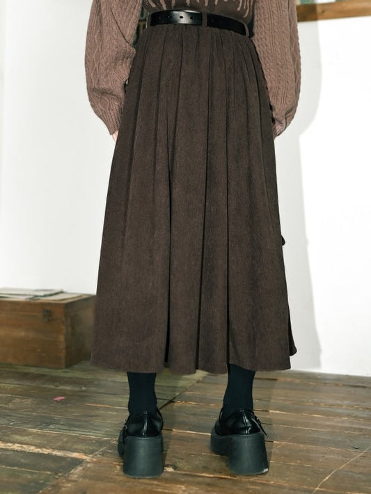 Chinese Pockets Cargo Skirt - Leaf Brown Motif with Embroidery Style