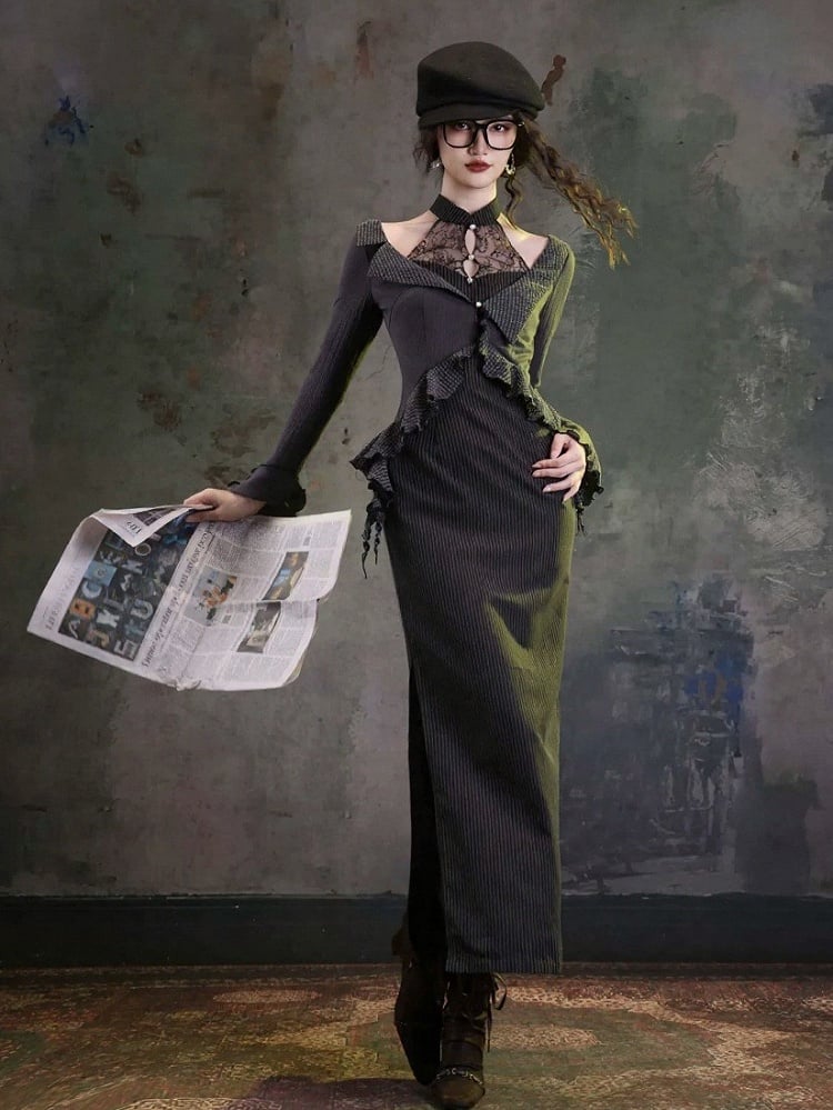 Retro Black & Gray Two-Piece Look Striped Halter Gown with Ruffled Trim - sijinstudio