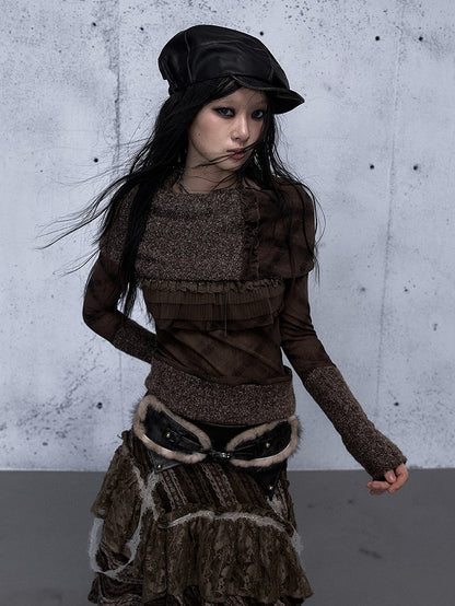 Long Lace Trim Vintage Sleeve Top Crisscross Dark with Pattern Ruffle Stripe Green Punk