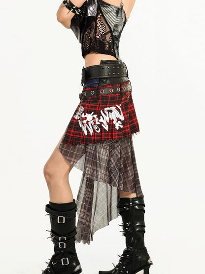 Y2K Skirt Belts Print with Plaid Punk Graffiti Chain Asymmetrical Red