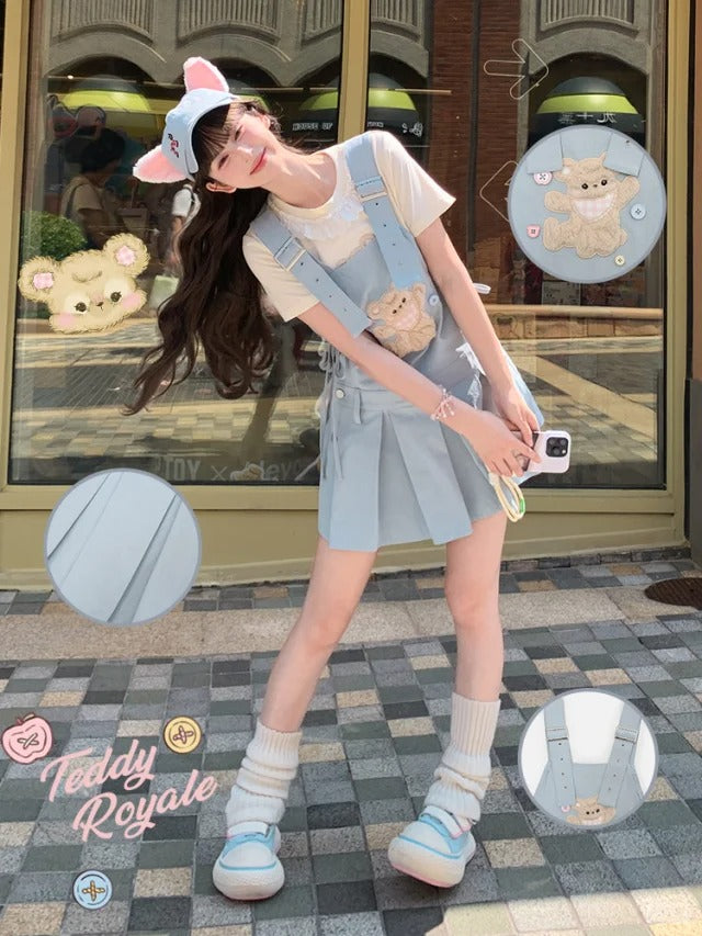 Verstellbare Plüschbär-Applikation, blaue Kellerfalte, Overall, Kleid, Träger, Schulter