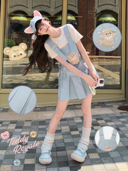 Verstellbare Plüschbär-Applikation, blaue Kellerfalte, Overall, Kleid, Träger, Schulter