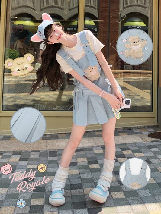 Verstellbare Plüschbär-Applikation, blaue Kellerfalte, Overall, Kleid, Träger, Schulter