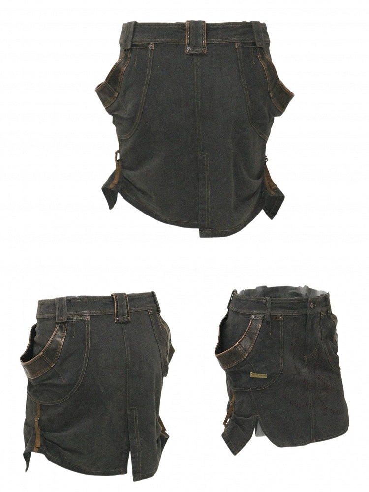 Multi-Slit Embroidery Design Skirt Black Short with Punk Denim