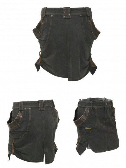 Multi-Slit Embroidery Design Skirt Black Short with Punk Denim