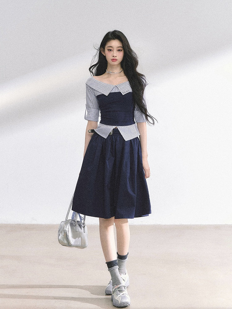 Blue Shirt Striped Foldover Collar Gray/Navy Neckline Off-the-shoulder