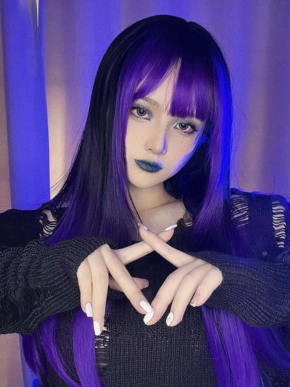 Black Bangs Purple Wig with Straight 68CM Ombre Long