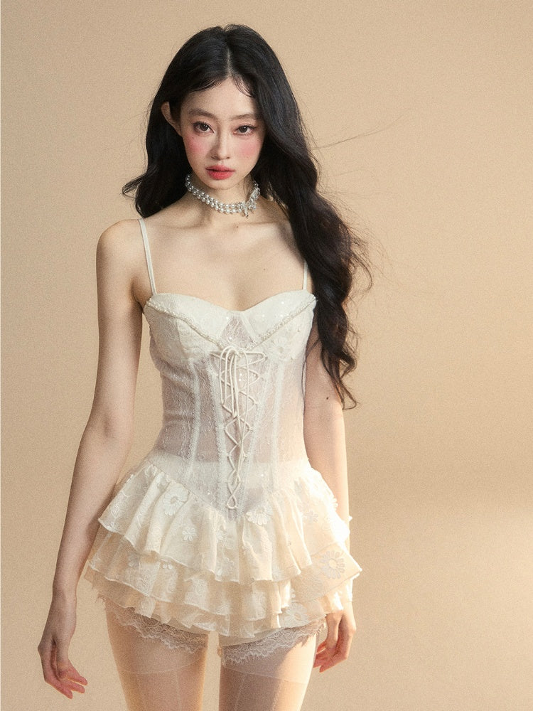White Dress with Lace-up Detail at Front Skirt Mini Cami Puffy Tiered