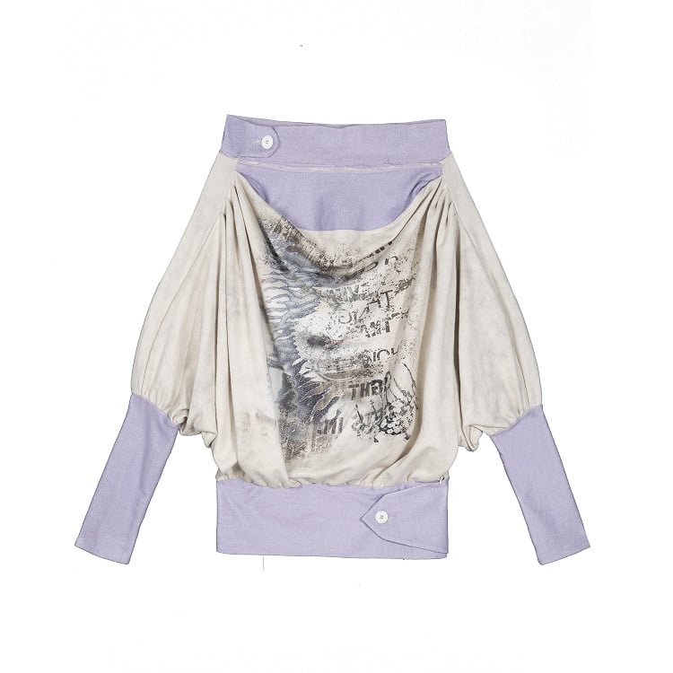 Top with Purple Print Accents Button Two-piece Punk Apricot Letter