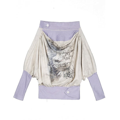 Top with Purple Print Accents Button Two-piece Punk Apricot Letter