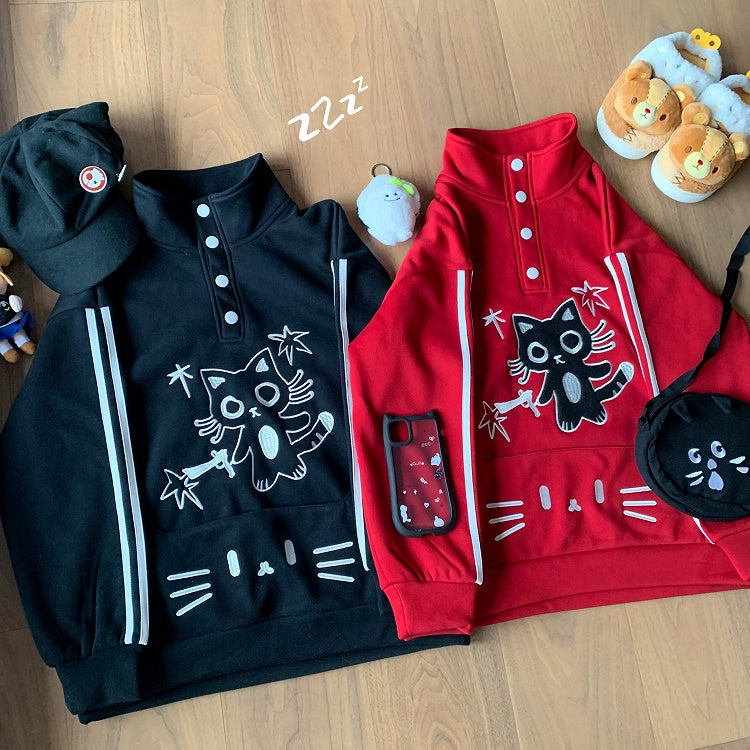 / Fleece-lined Front Adorable Partial Black with Embroidery Cat Sweatshirt Red Snap